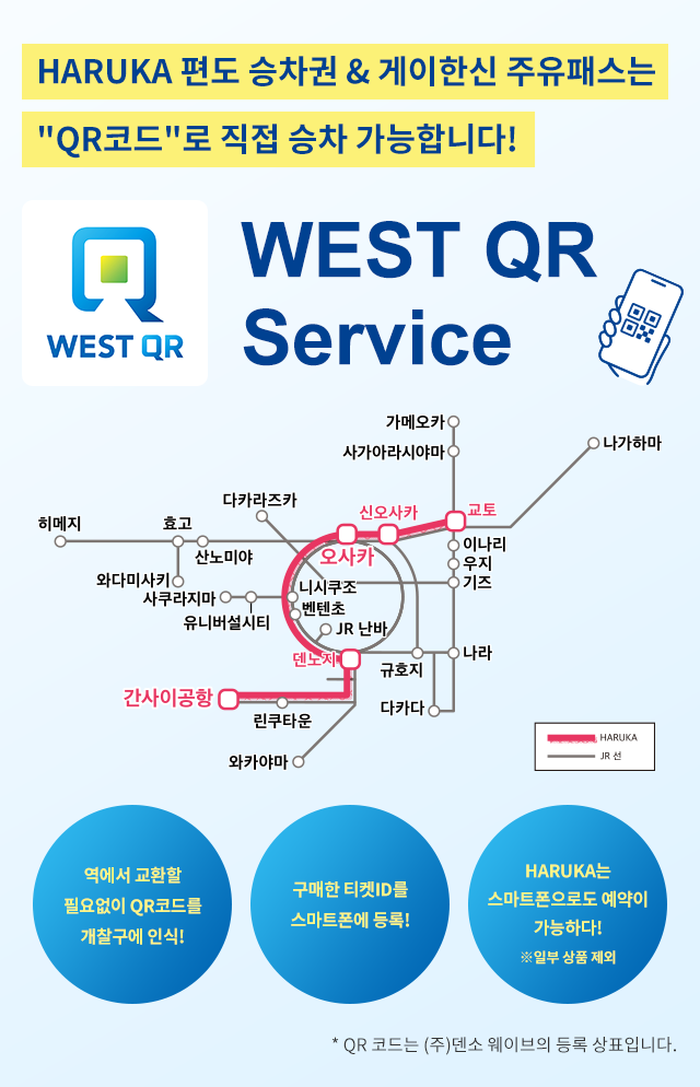 HARUKA 편도 승차권 & 게이한신 주유패스는 "QR코드"로 직접 승차 가능합니다! WEST QR Service 역에서 교환할 필요없이 QR코드를 개찰구에 인식! 구매한 티켓ID를 스마트폰에 등록! HARUKA는 스마트폰으로도 예약 가능!※일부 상품 제외 * QR 코드는 (주)덴소 웨이브의 등록 상표입니다.