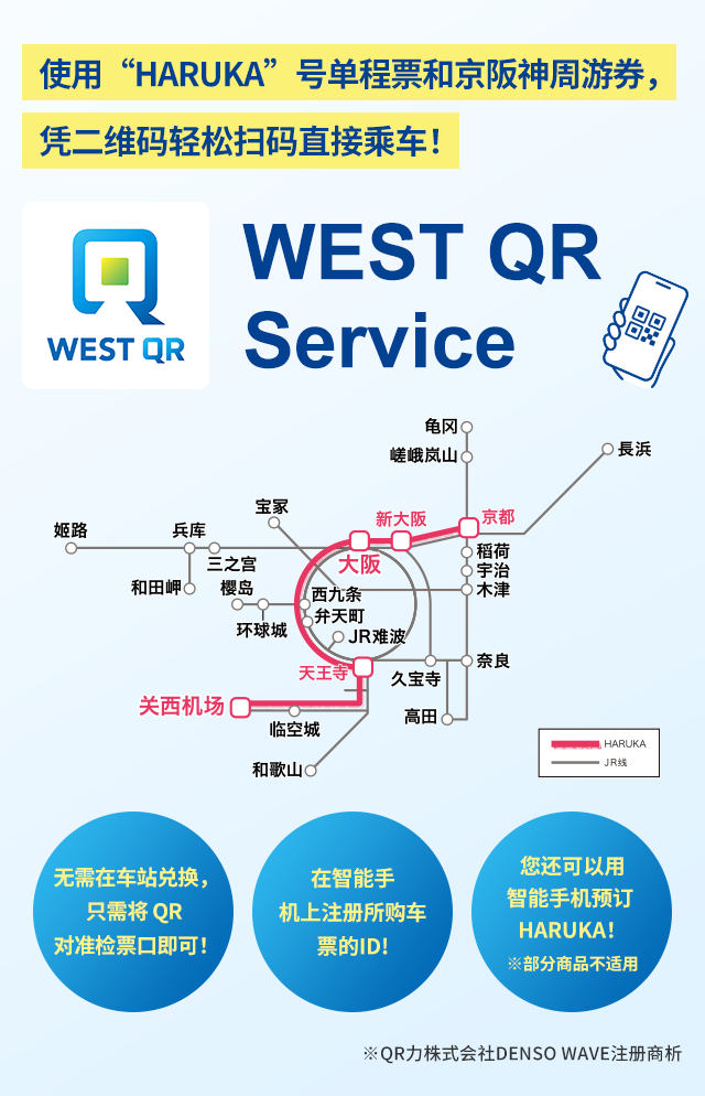使用“HARUKA”号单程票和京阪神周游券，凭二维码轻松扫码直接乘车！ WEST QR Service 无需在车站兑换，只需将 QR 对准检票口即可！ 在智能手机上注册所购车票的ID! 您还可以用智能手机预订 HARUKA！※部分商品不适用 ※QR力株式会社DENSO WAVE注册商析