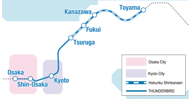 Osaka, Shin-Osaka, Kyoto, Tsuruga, Fukui, Kanazawa, Toyama