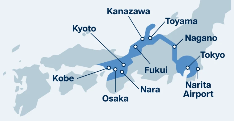 Kobe, Osaka, Nara, Kyoto, Fukui, Kanazawa, Toyama, Nagano, Tokyo, Narita Airport