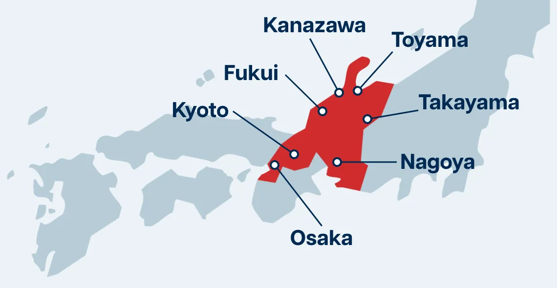 Osaka, Nara, Kyoto, Fukui, Kanazawa, Toyama, Nagano, Takayama