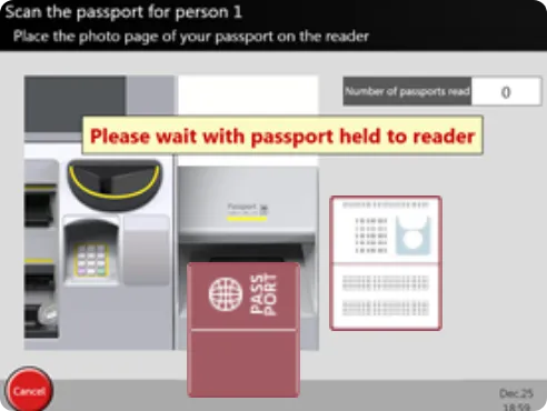 Scan the passport page with your photograph on it.* If your passport does not have an IC chip, please go to the ticket office.** Some passports with IC chips may not be readable. Please visit the ticket office if your passport cannot be read.