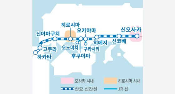 하카타, 고쿠라, 신야마구치, 히로시마, 오노미치, 후쿠야마, 오카야마, 구라시키, 히메지, 신고베, 신오사카
