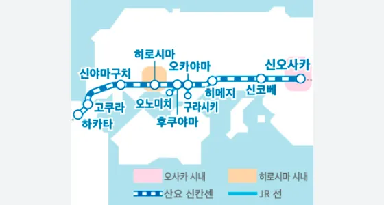 하카타, 고쿠라, 신야마구치, 히로시마, 오노미치, 후쿠야마, 오카야마, 구라시키, 히메지, 신고베, 신오사카