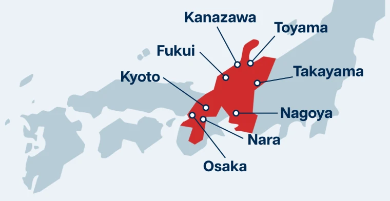 Osaka, Nara, Kyoto, Fukui, Kanazawa, Toyama, Nagano, Takayama